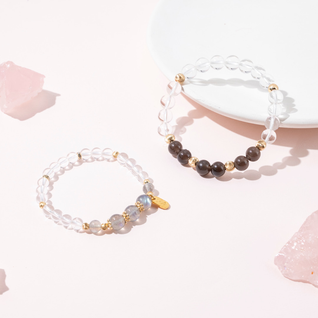 情侶對鍊【好運連連】白水晶茶晶月光石手鍊
