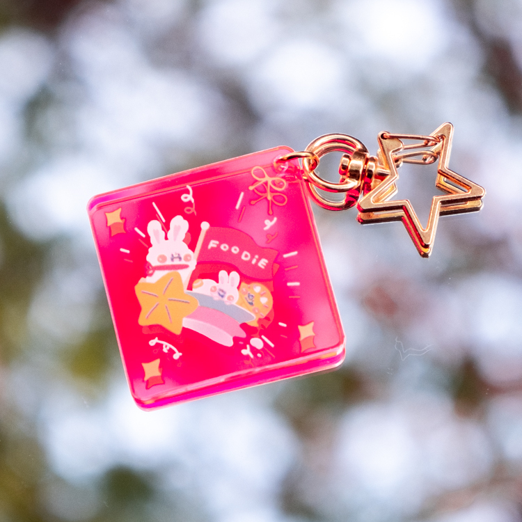 狗狗的小跳步，繪蹦砰｜方型螢光壓克力吊飾｜粉｜無敵星星