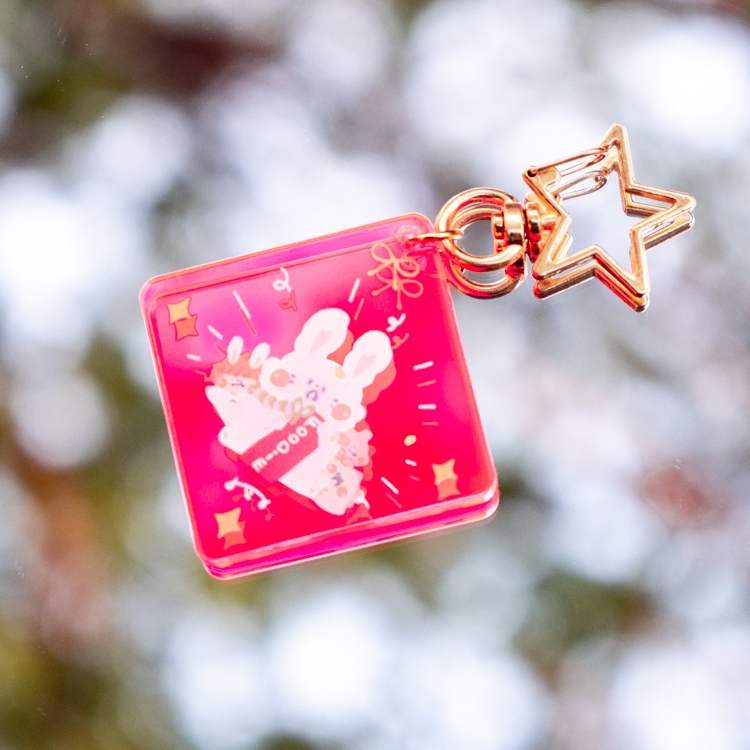 狗狗的小跳步，繪蹦砰｜方型螢光壓克力吊飾｜粉｜招財兔兔