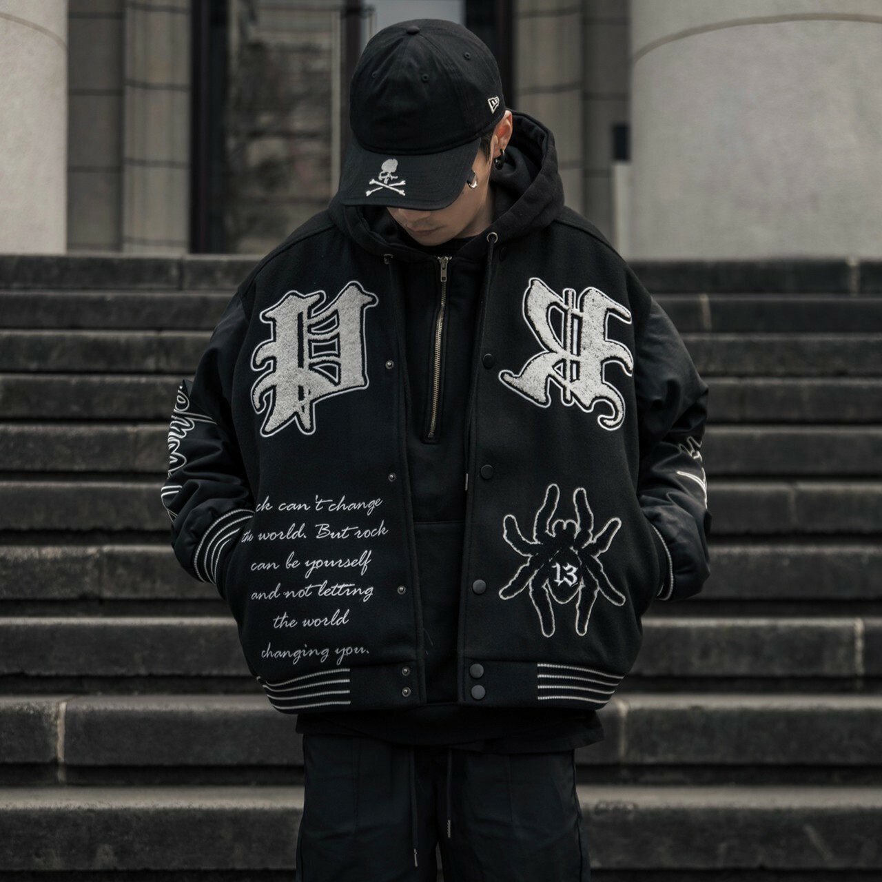 Predator 03 刺繡 蜘蛛網 毛巾繡 黑色皮袖棒球外套 棒外 Varsity Jacket