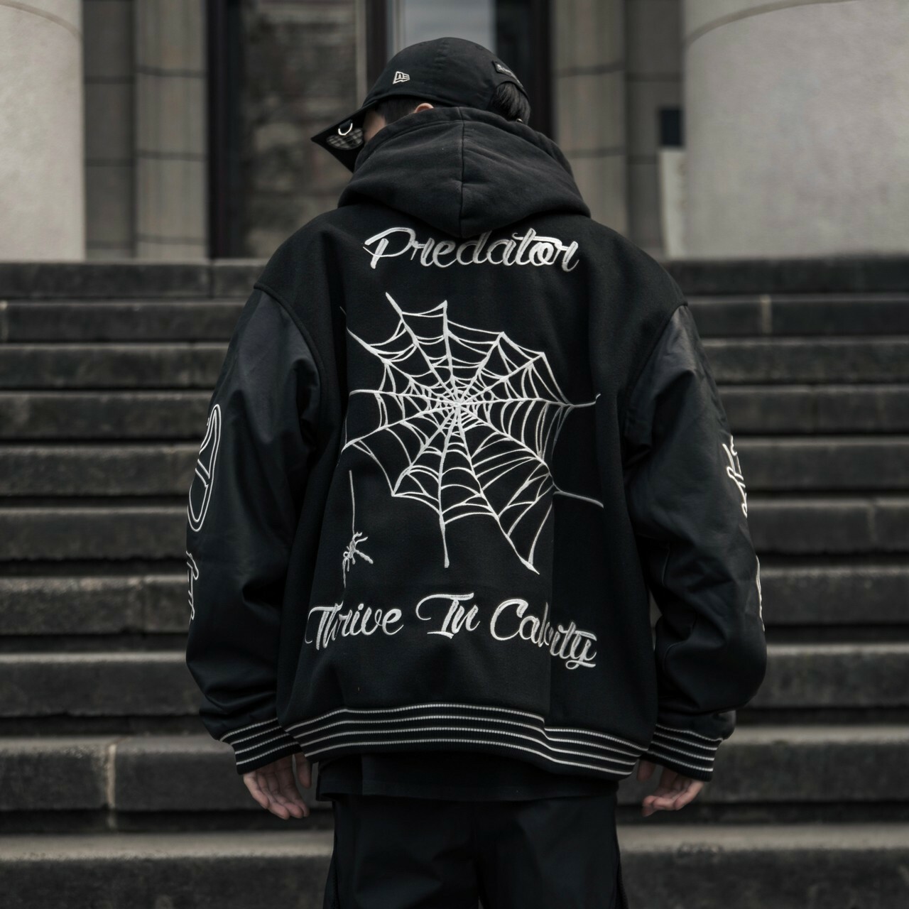 Predator 03 刺繡 蜘蛛網 毛巾繡 黑色皮袖棒球外套 棒外 Varsity Jacket