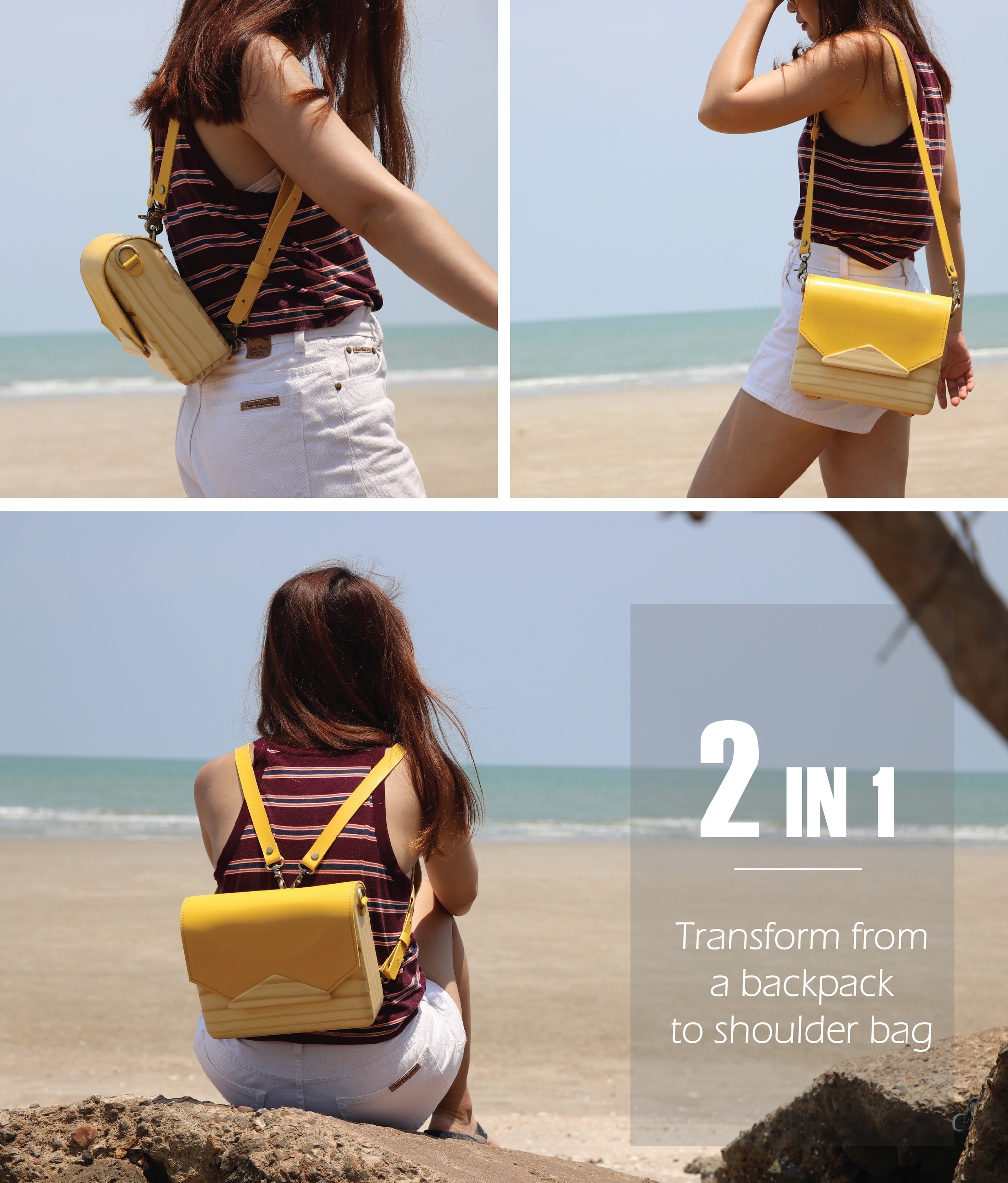 手工木質單肩斜線後背包