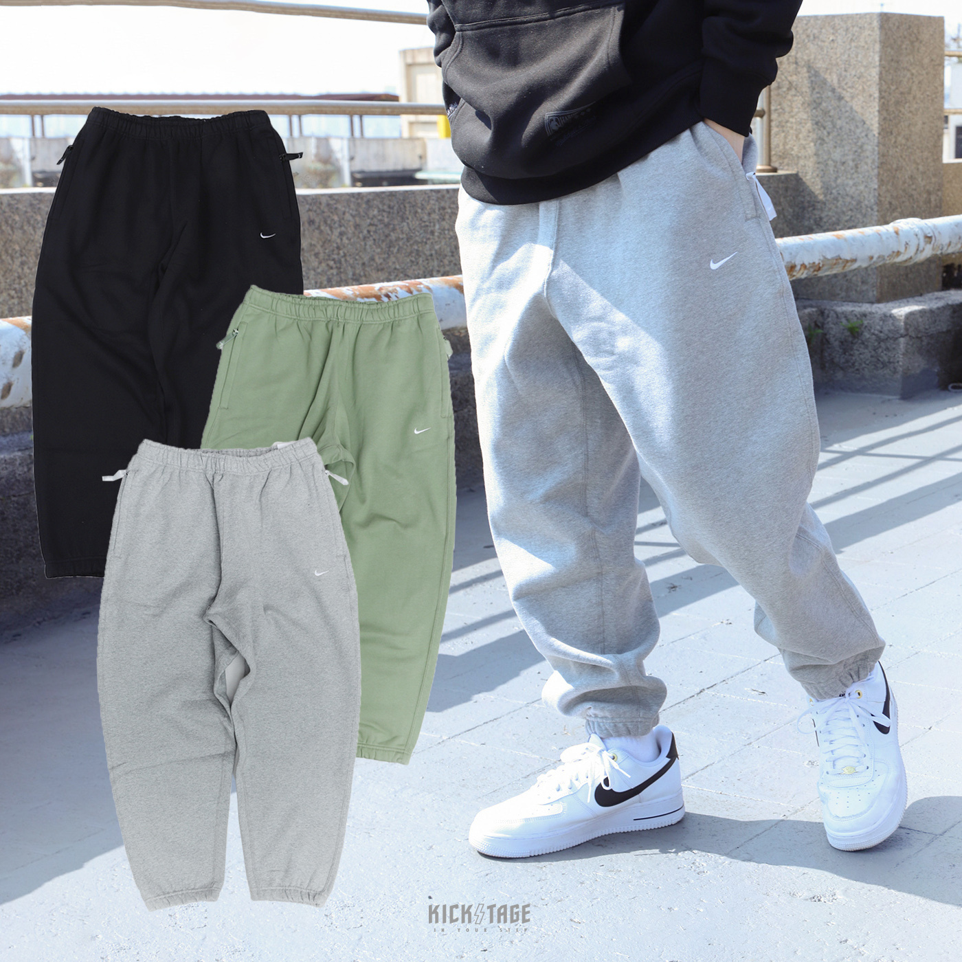 男款NIKE SOLO SWOOSH PANTS 黑色刺繡小勾寬鬆版重磅內刷毛內抽繩棉褲