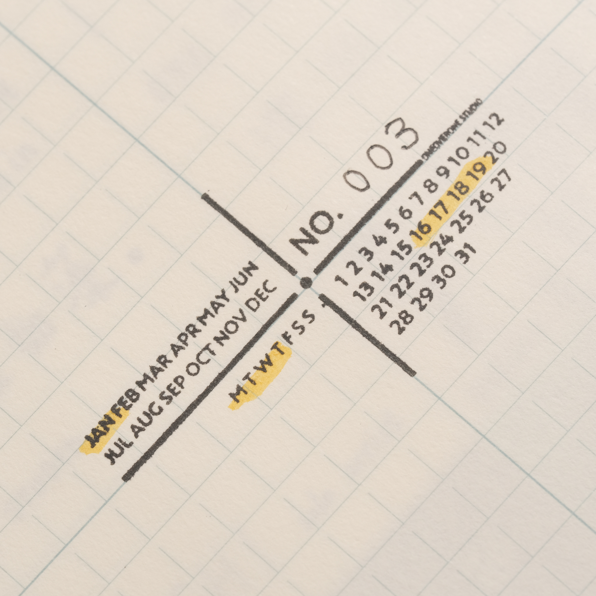 (售完絕版) 四分割筆記本日付 膠版印章｜一分之一工作室 臺灣