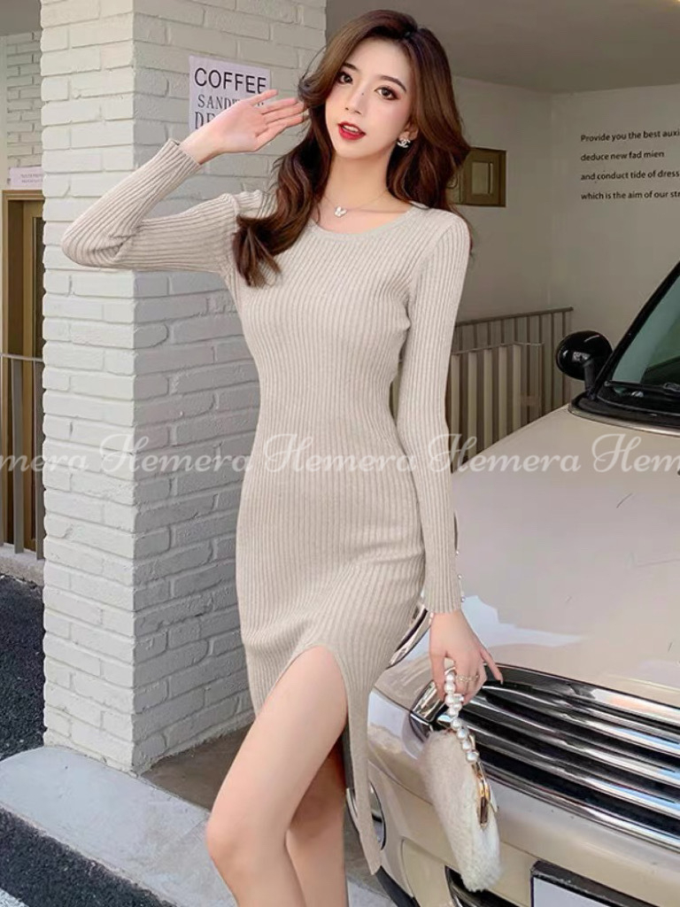 DR23W0142 直坑紋棉質珠珠手袖開叉中長版連身裙