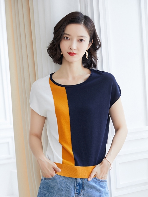 【零碼出清不退換】拼色羅紋收腰涼感針織上衣