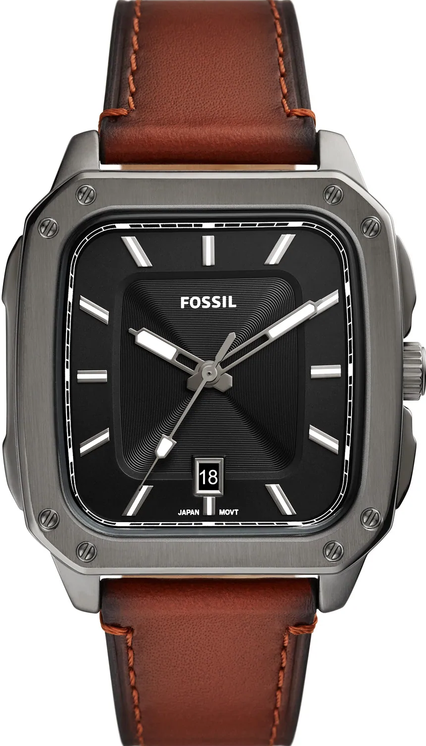 萬年鐘錶 - Fossil  復刻經典男錶  黑面方形簡約皮革男錶  FS5934 錶徑42MM