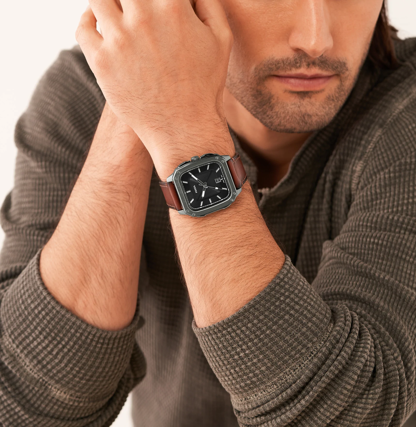 萬年鐘錶 - Fossil  復刻經典男錶  黑面方形簡約皮革男錶  FS5934 錶徑42MM