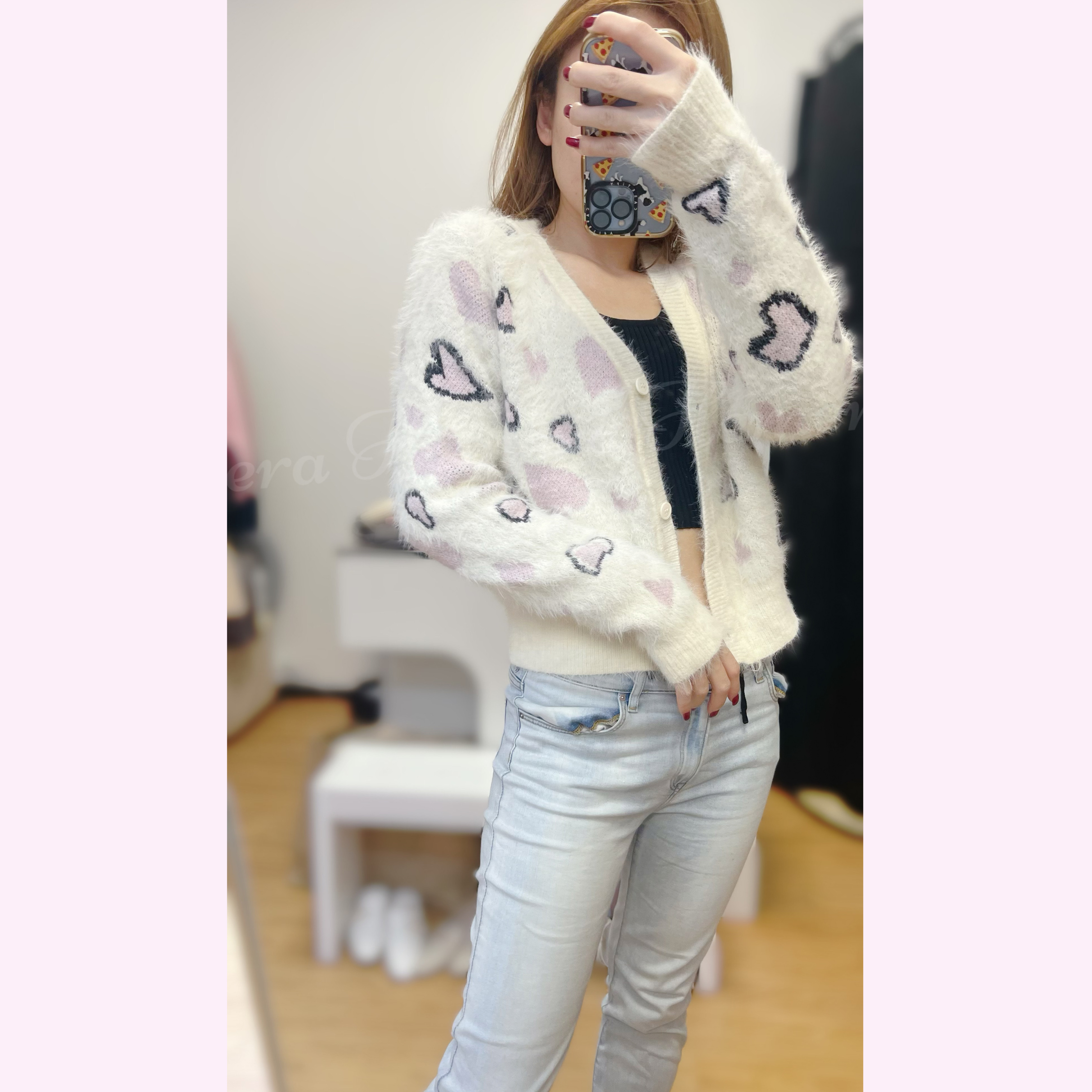 MH012102 粉黃色心心開胸毛毛外套