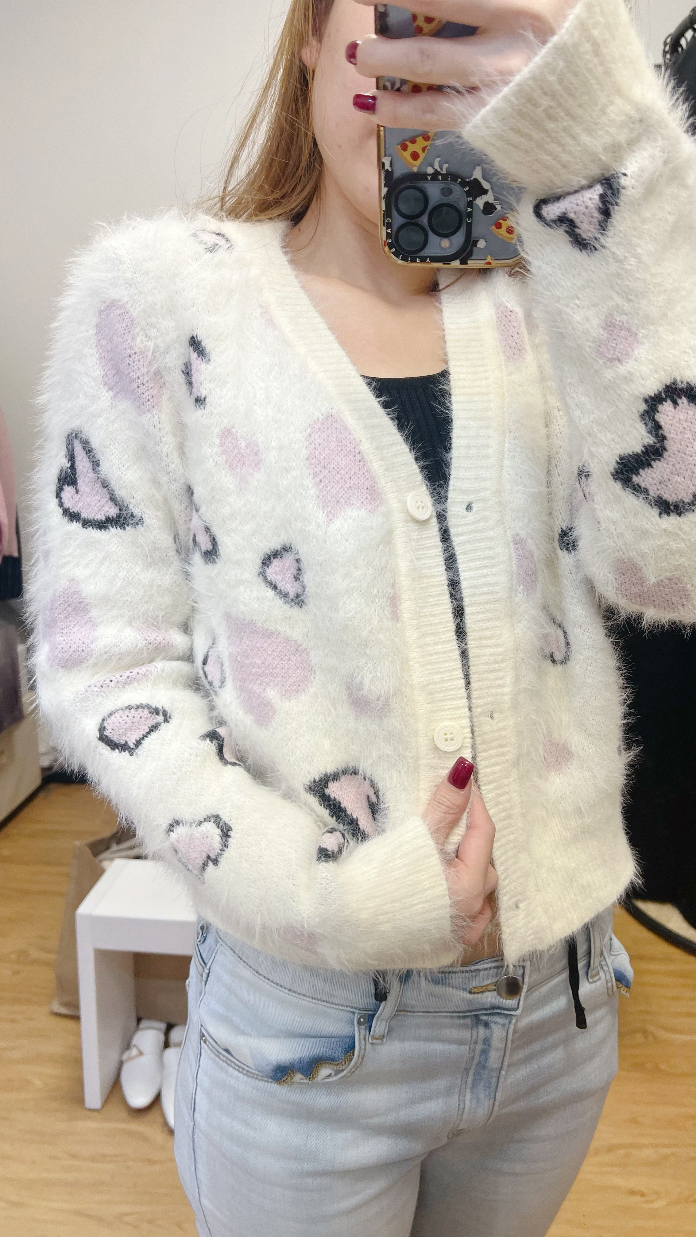 MH012102 粉黃色心心開胸毛毛外套