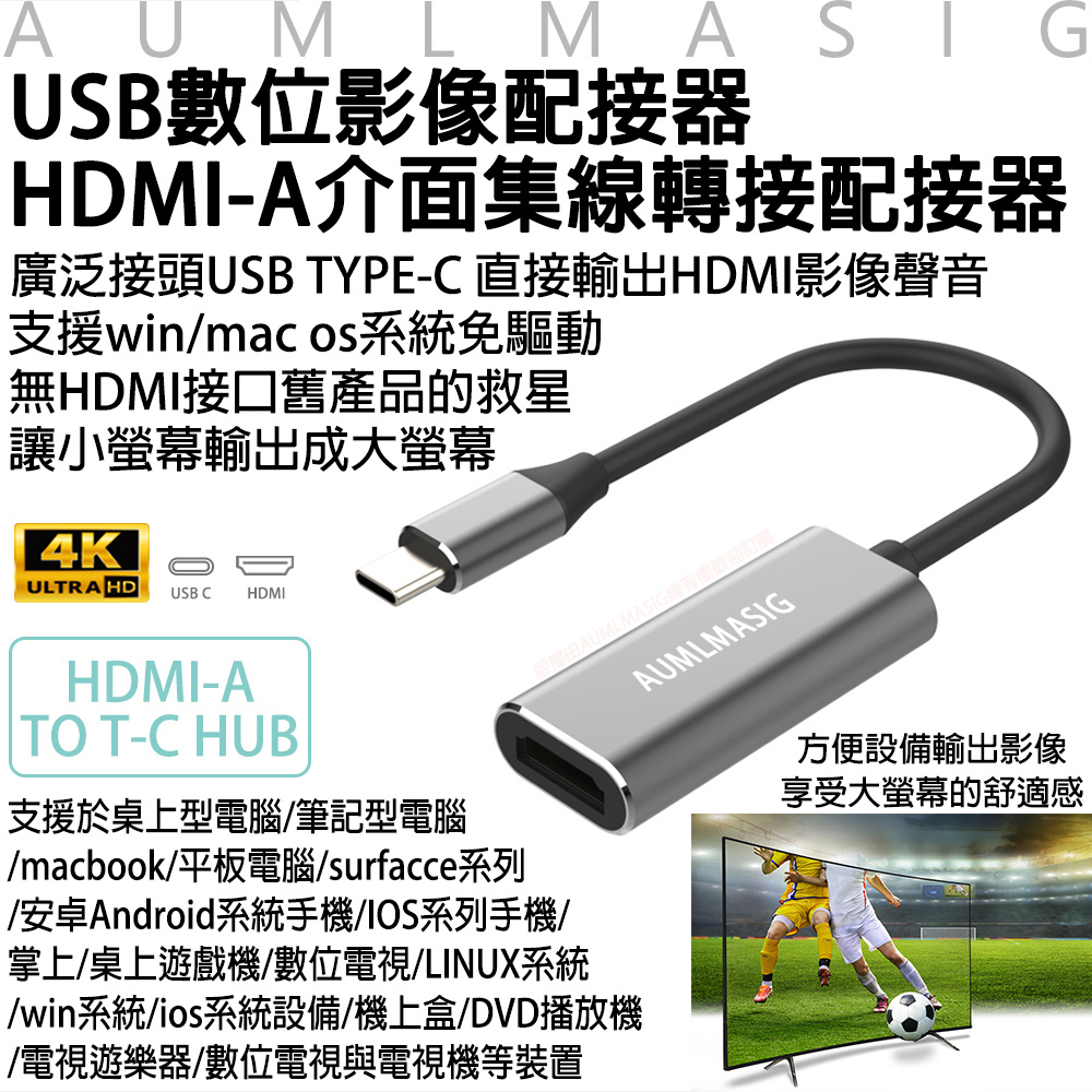 【AUMLMASIG全通碩】USB數位影像配接器 / HDMI-A介面影像轉接配接器 廣泛接頭USB TYPE-C 直接輸出HDMI影像聲音