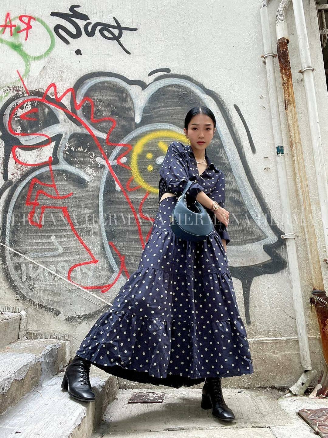 波點麻棉可露腰連身長裙