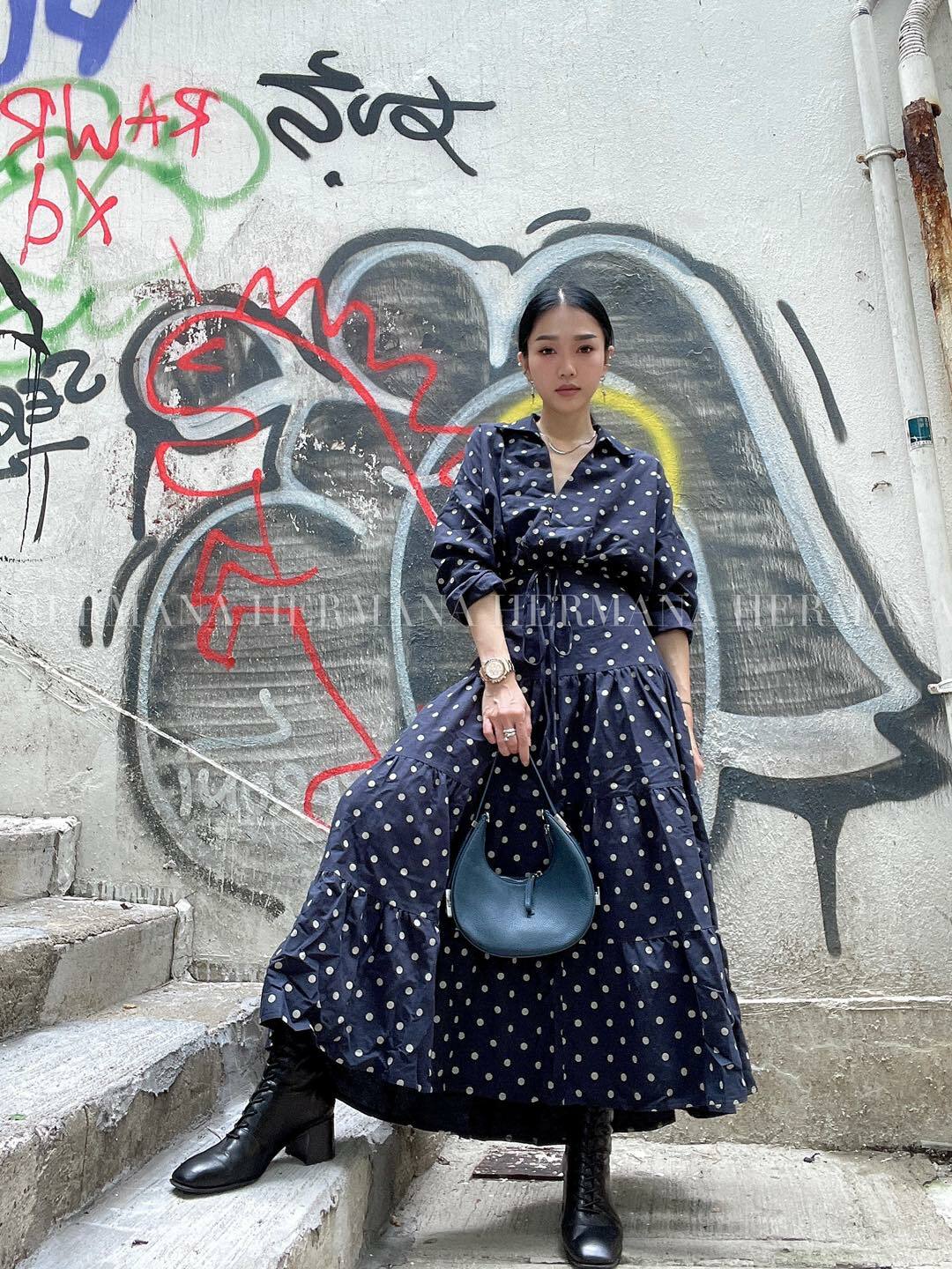 波點麻棉可露腰連身長裙