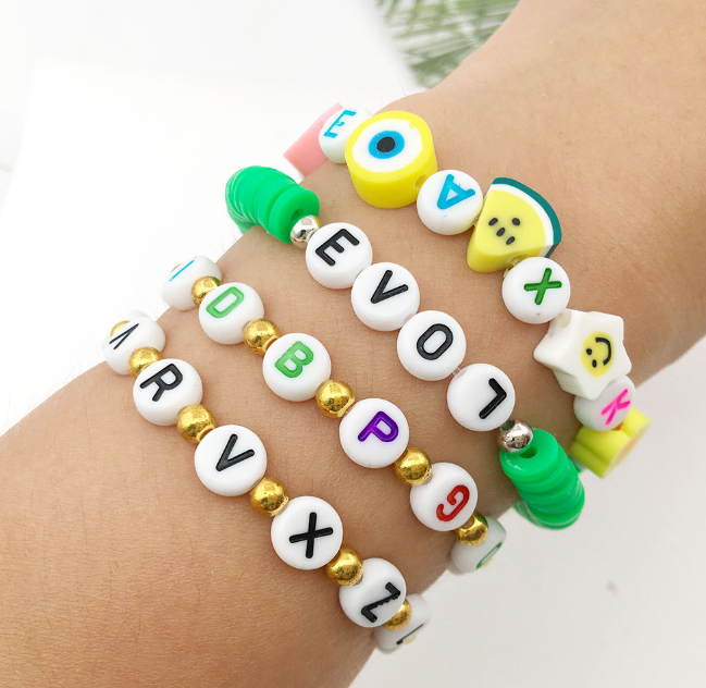 圆形白金色26英文字母珠 DIY奶油胶配件（100颗）