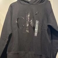 [S] CALVIN KLEIN METALLIC EMBROIDERED LOGO HOODIE, BLACK, CJCT3768-BLK (SCK213)