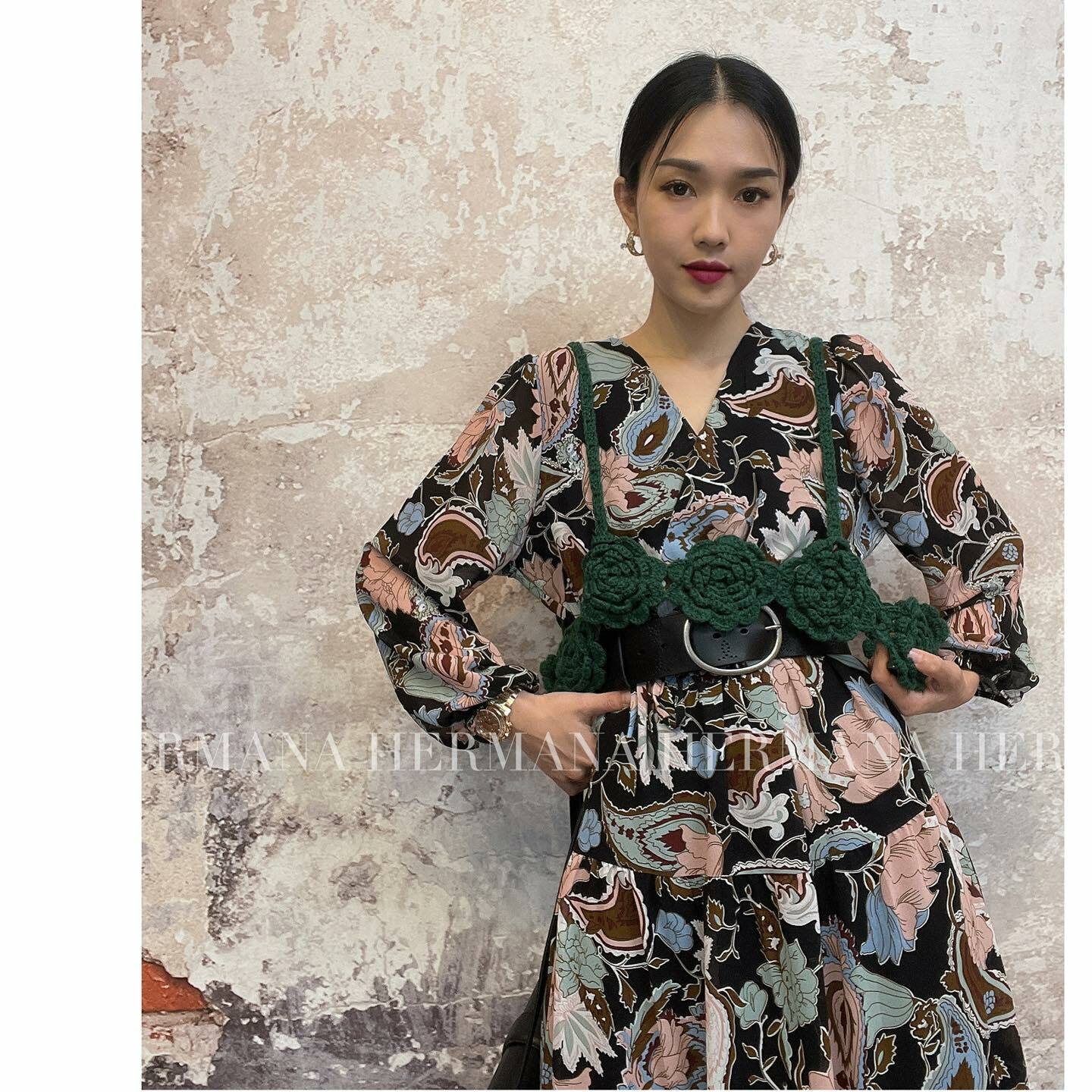 吊帶針織花花背心 {杏色 綠色}