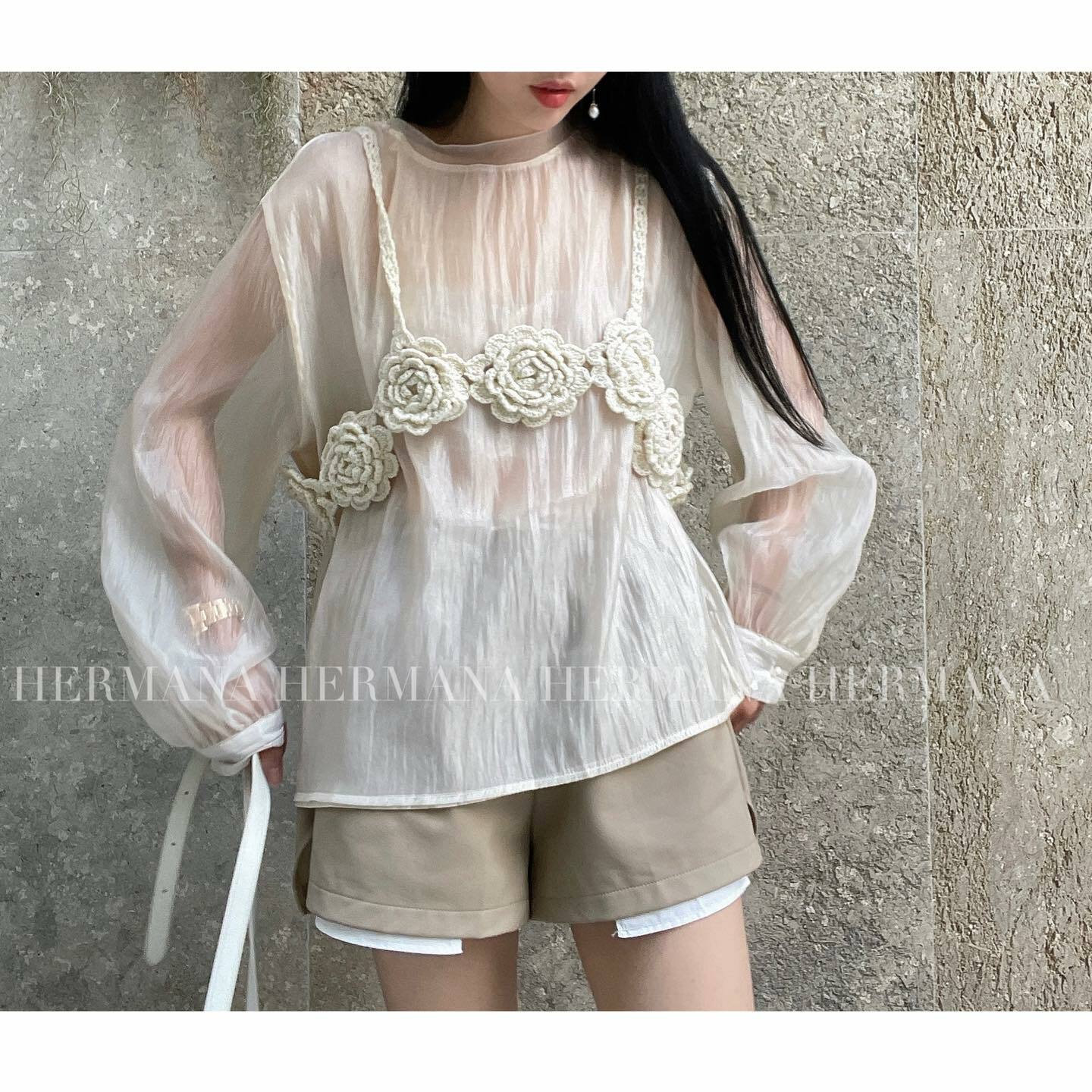 吊帶針織花花背心 {杏色 綠色}