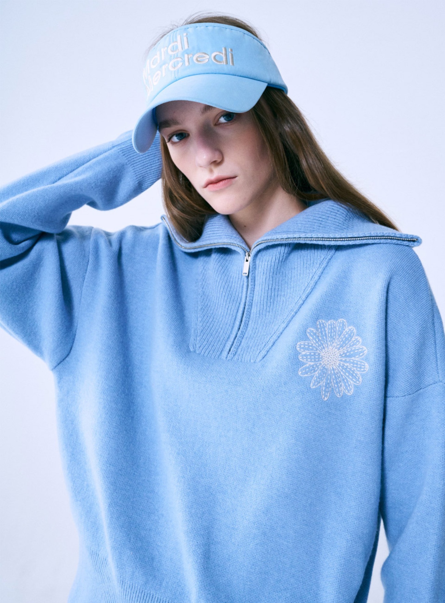 Mardi Mercredi Actif HIGH NECK KNIT ZIP UP FLOWER NEEDL