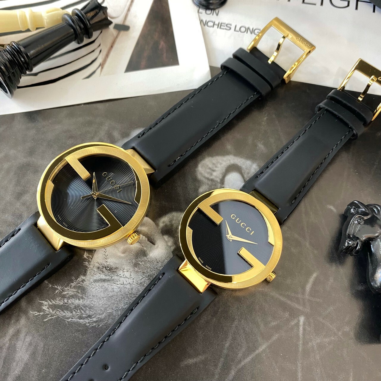 【GUCCI】經典黑金雙G皮革錶帶YA133326 (37mm) /YA133212