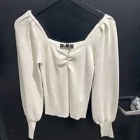 [S] DKNY PUFF-SLEEVE SWEATHEART SWEATER,IVORY, P2HSAE12-IVORY [FINAL SALE] (SD357)
