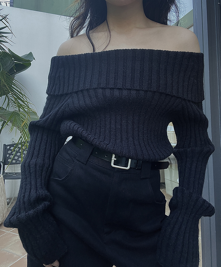 一字領羅紋毛衣