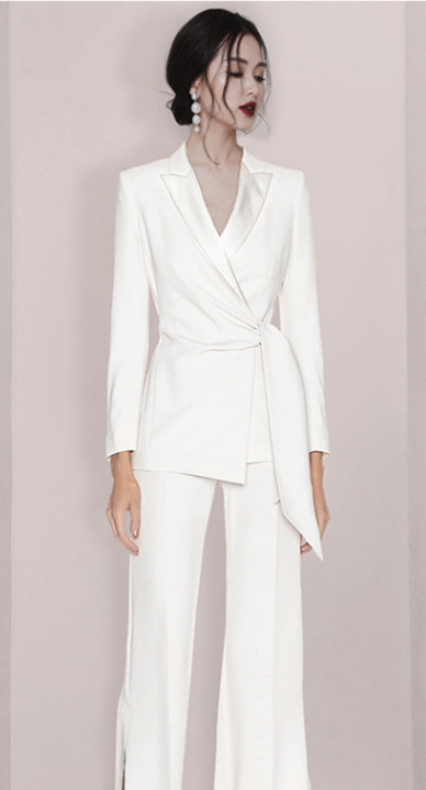 綁帶收腰西裝外套+高腰寬褲(套裝)(黑/白)