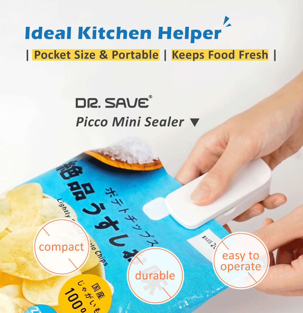 DR. SAVE Mini Picco handy sealer is an ideal kitchen helper. Pocket size, portable, durable and easy to operate.