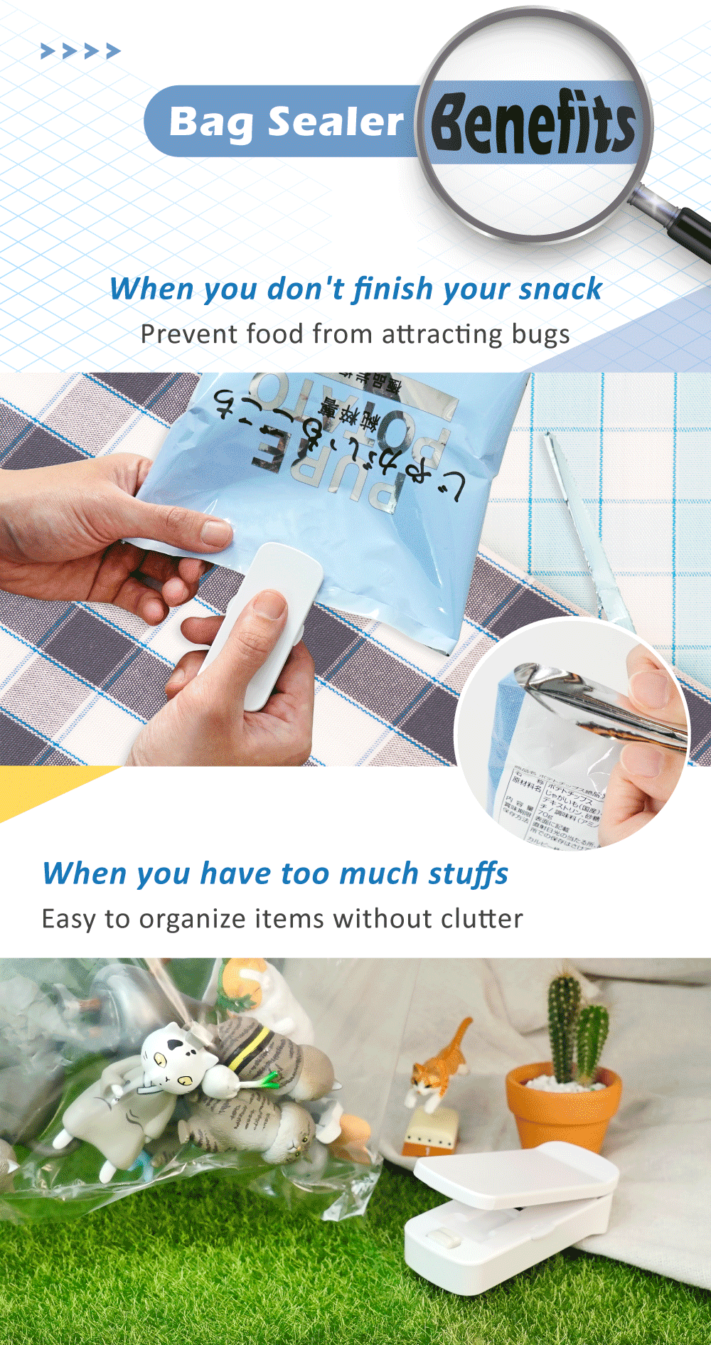 Picco bag sealer can prevent food from attracting bugs and organize small items without clutter.