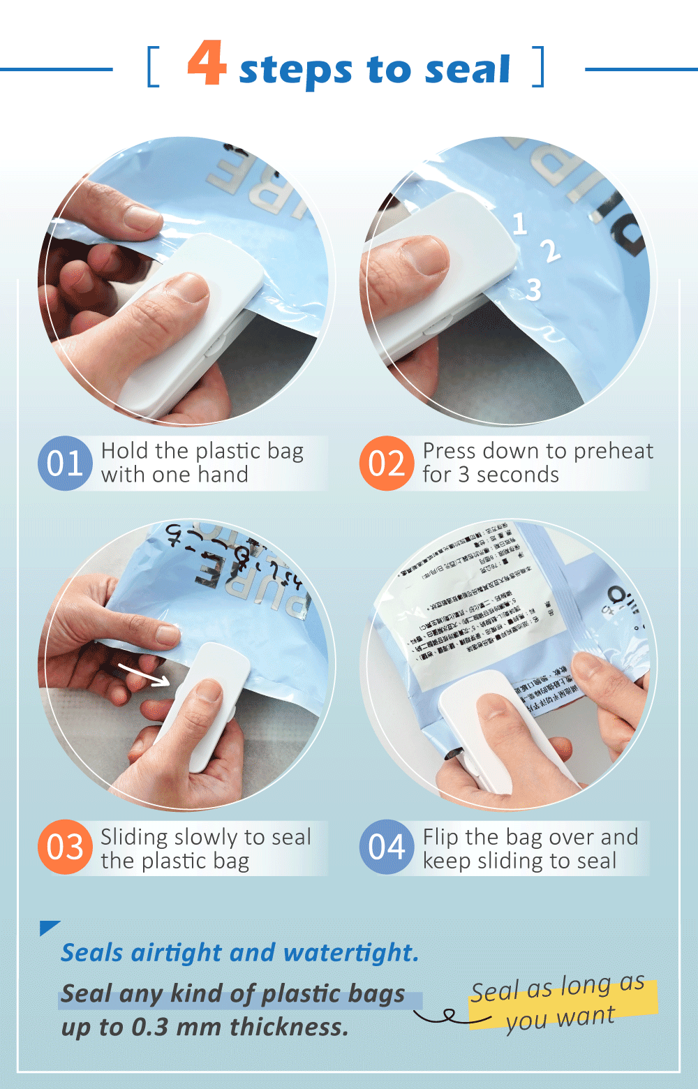 4 steps to use Picco mini sealer to seal snack bag