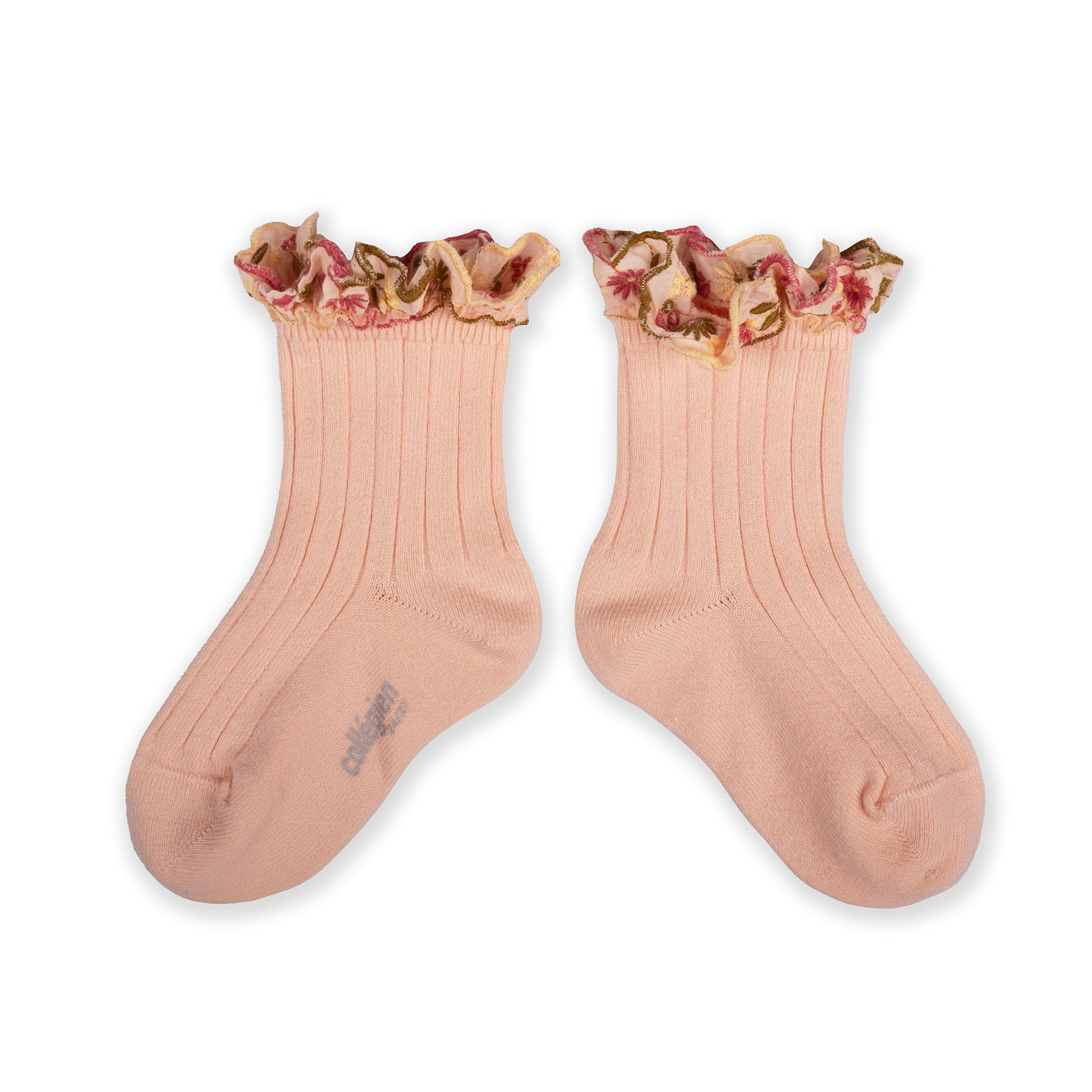COLLÉGIEN - Anemone Embroidered Ruffle Ankle Socks（Sorbet）