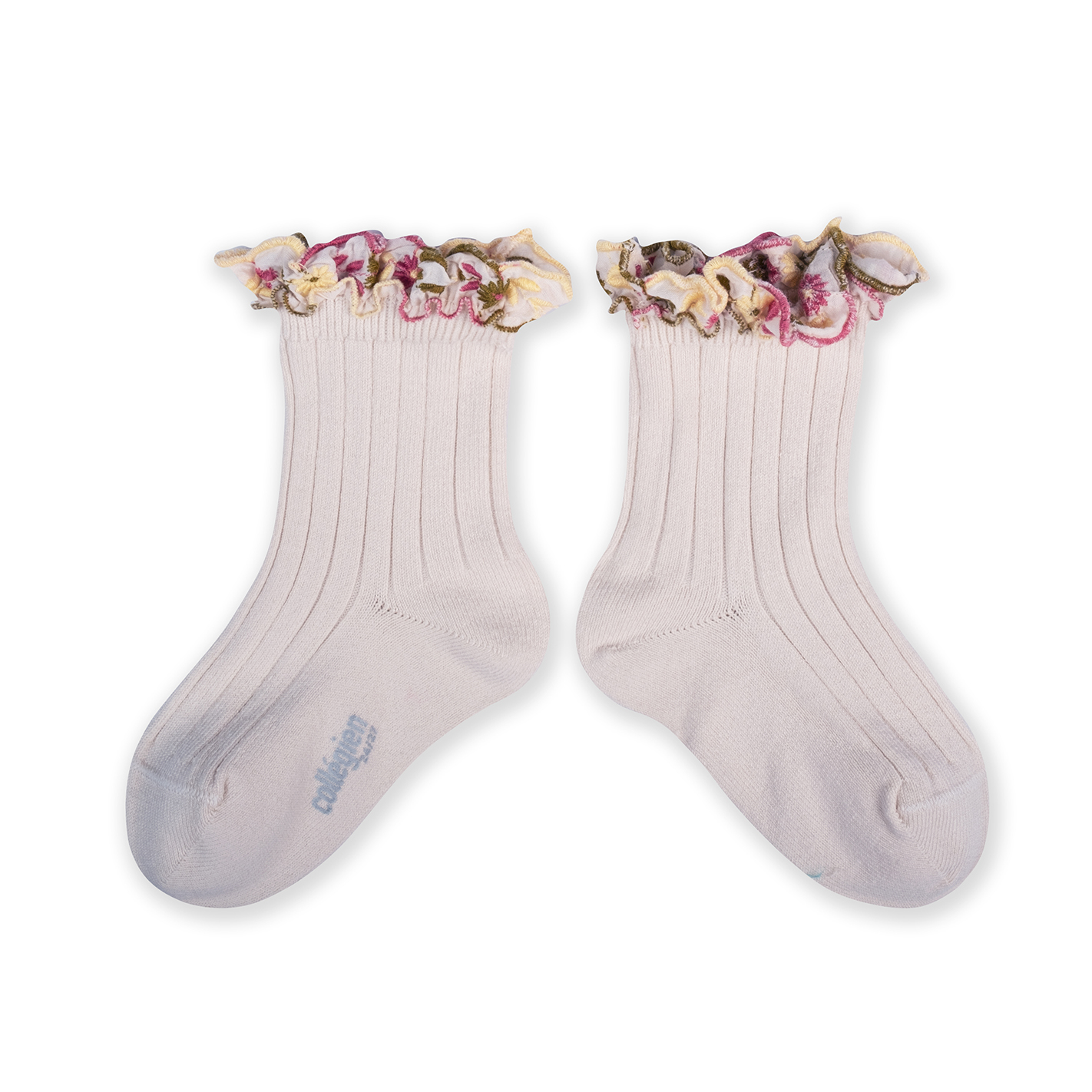 COLLÉGIEN - Anemone Embroidered Ruffle Ankle Socks（Blanc Neige）