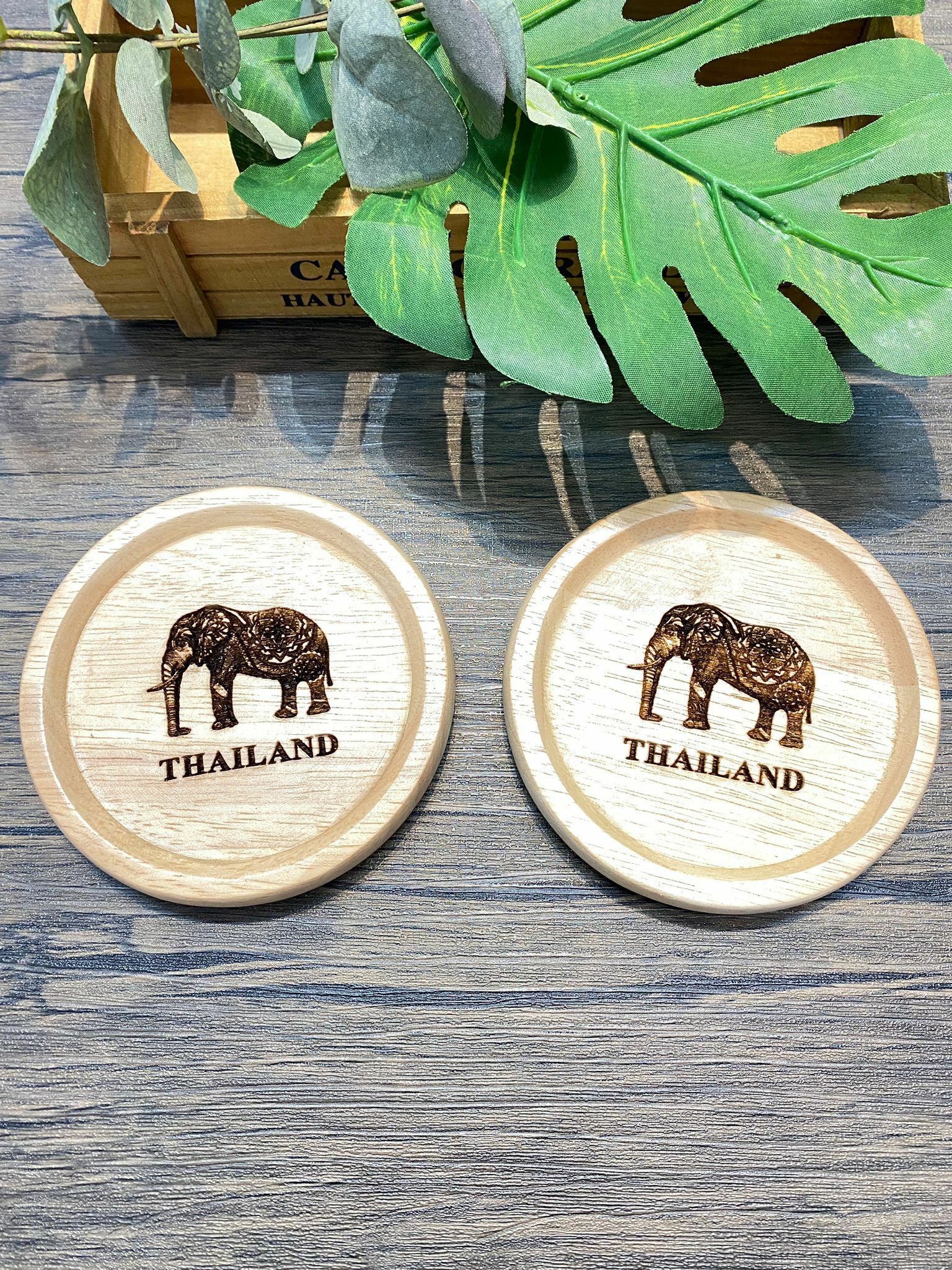 泰國木製杯墊 大象圖案 (一對)