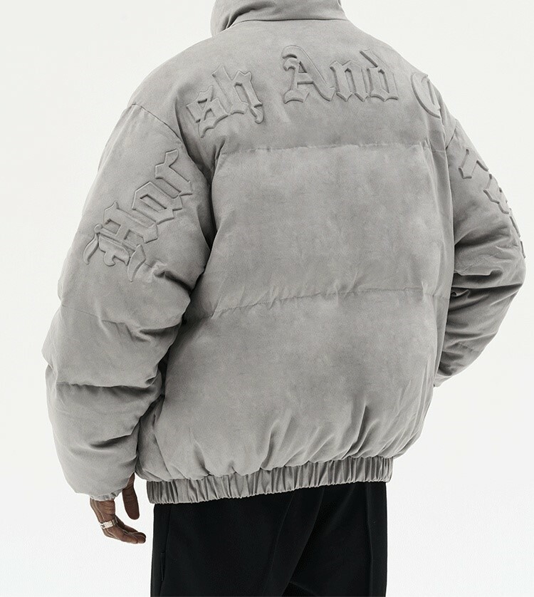 HARSH AND CRUEL 23SS 加厚保暖麂皮絨歌德字體壓印立領羽絨外套 HN231100057