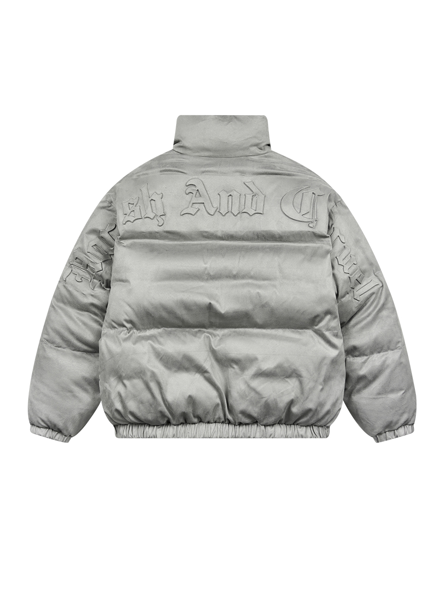 HARSH AND CRUEL 23SS 加厚保暖麂皮絨歌德字體壓印立領羽絨外套 HN231100057