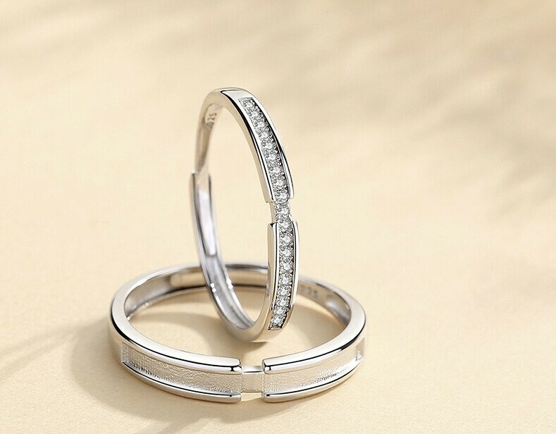 滿鑽素面純銀調整對戒