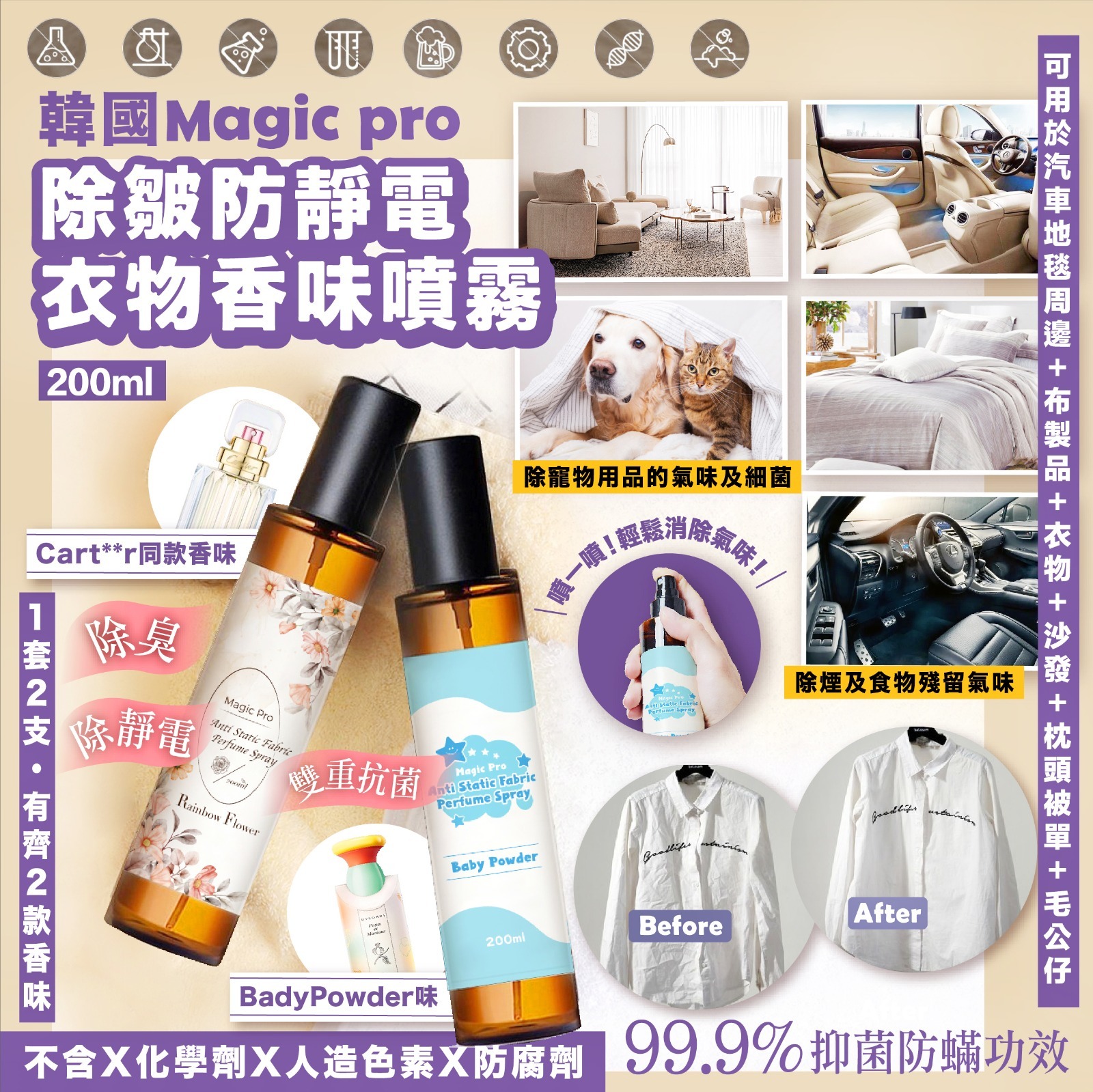 韓國Magic Pro除皺防靜電消臭衣物香水噴霧系列200ml
