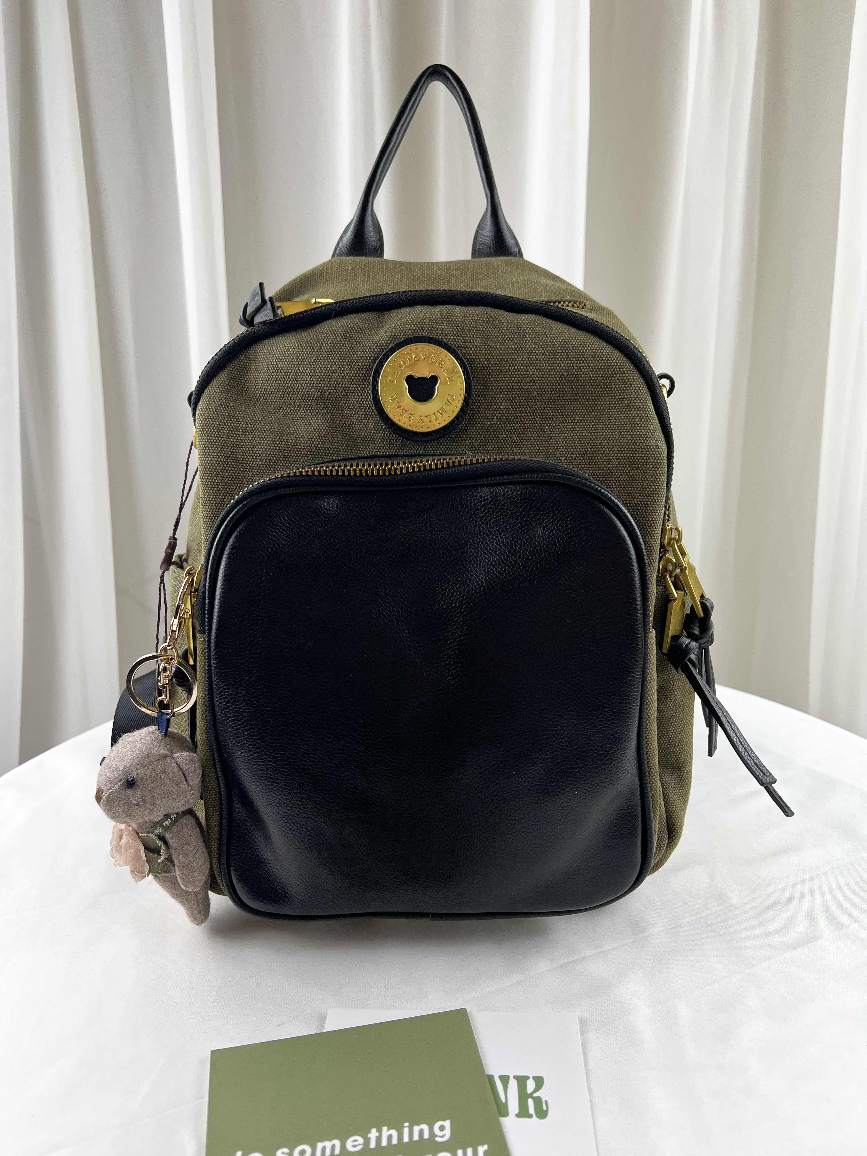 FamilyBear 軍綠帆布拼接真皮後背包 / 側背包  #2795