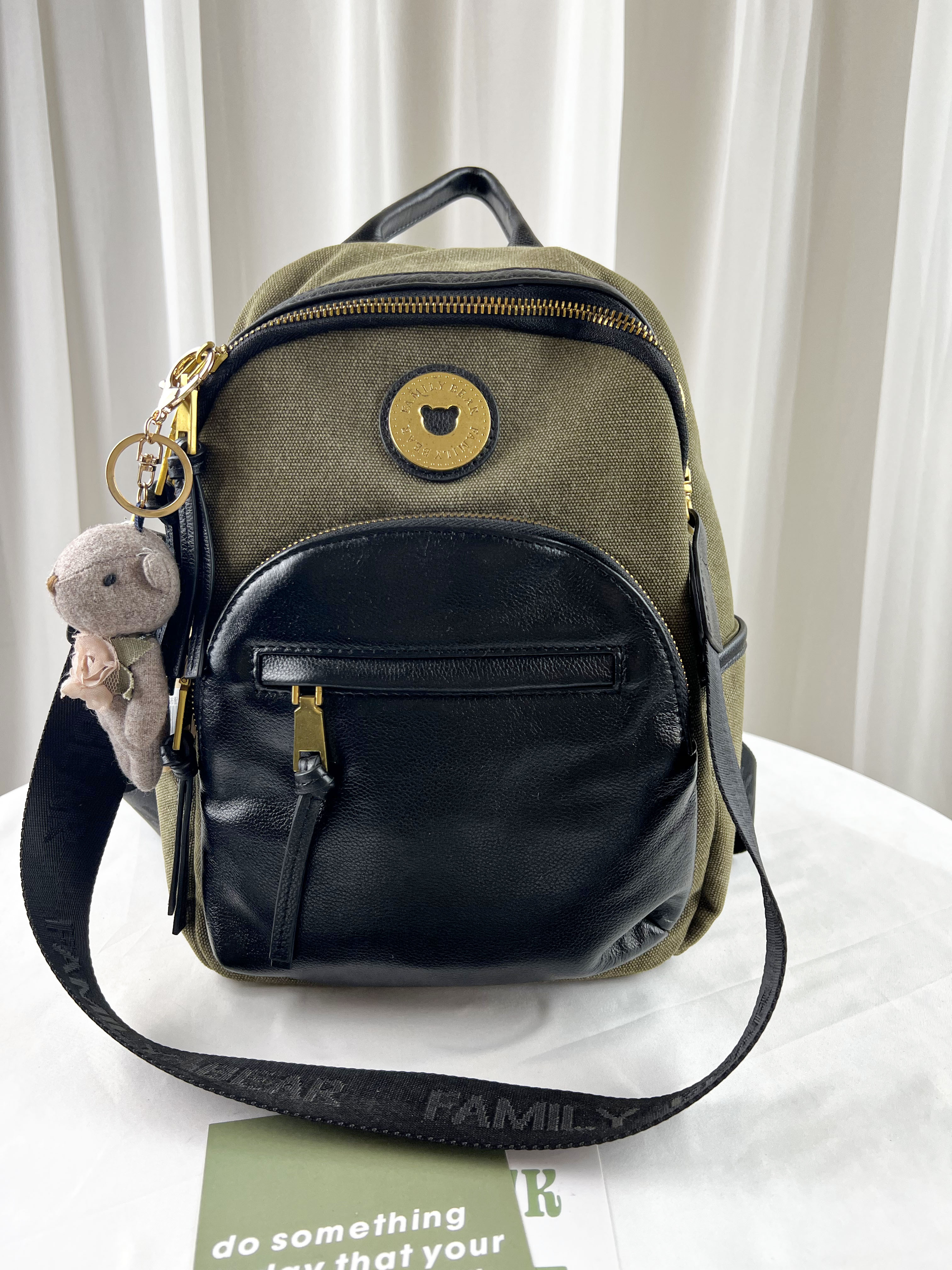 FamilyBear 軍綠帆布拼接真皮後背包 / 側背包  #2794