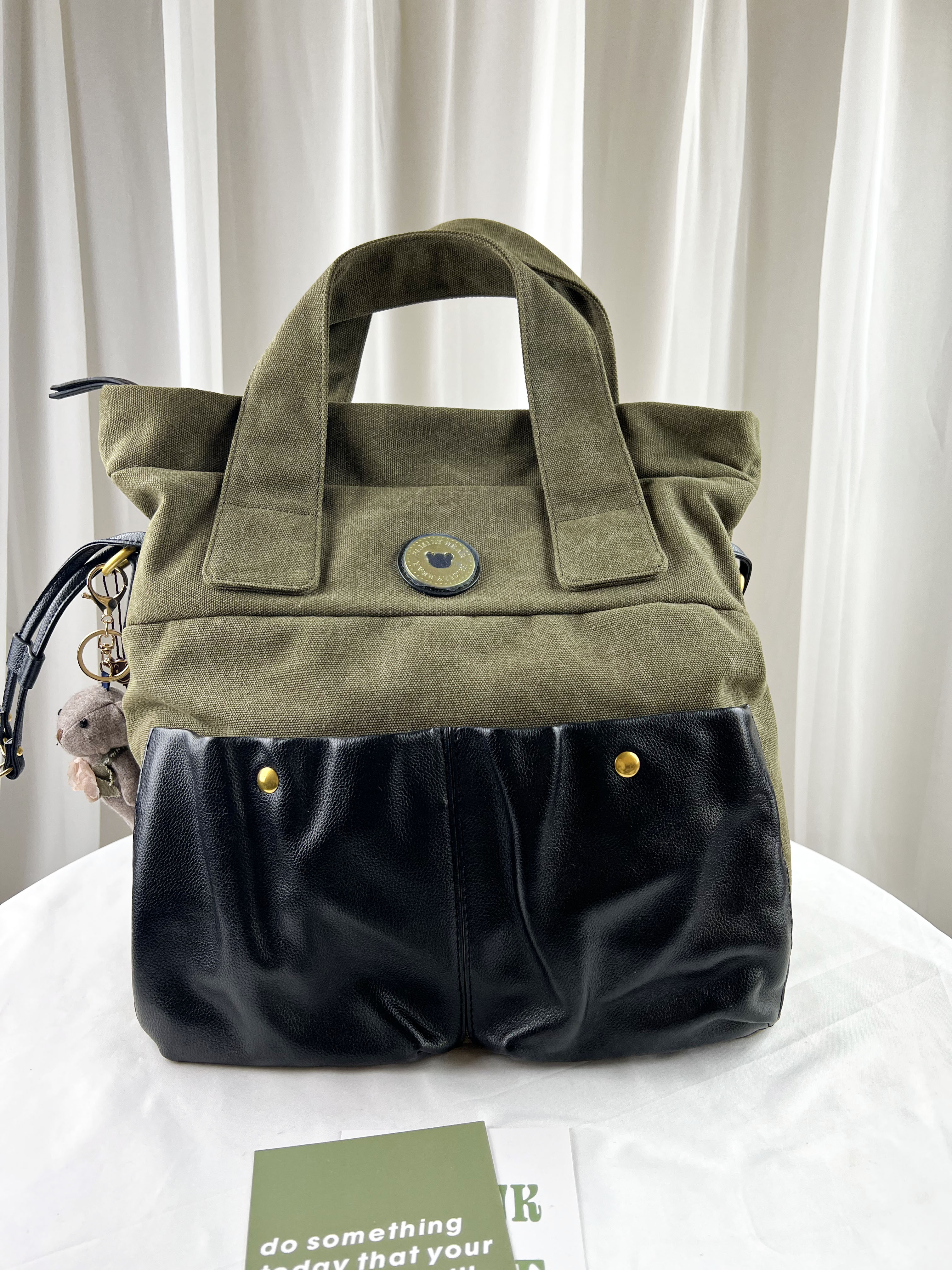 FamilyBear 軍綠帆布拼接真皮手提包 / 側背包  #2535