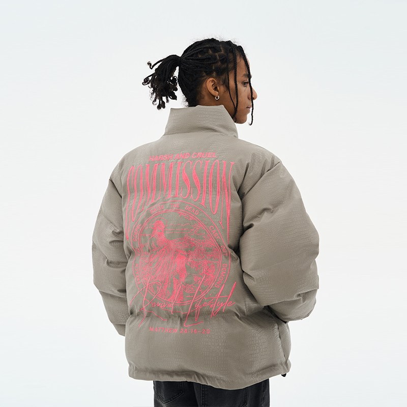 Harsh and Cruel 23SS 刺绣圖像主題排版仿皮羽绒外套 HM231100056