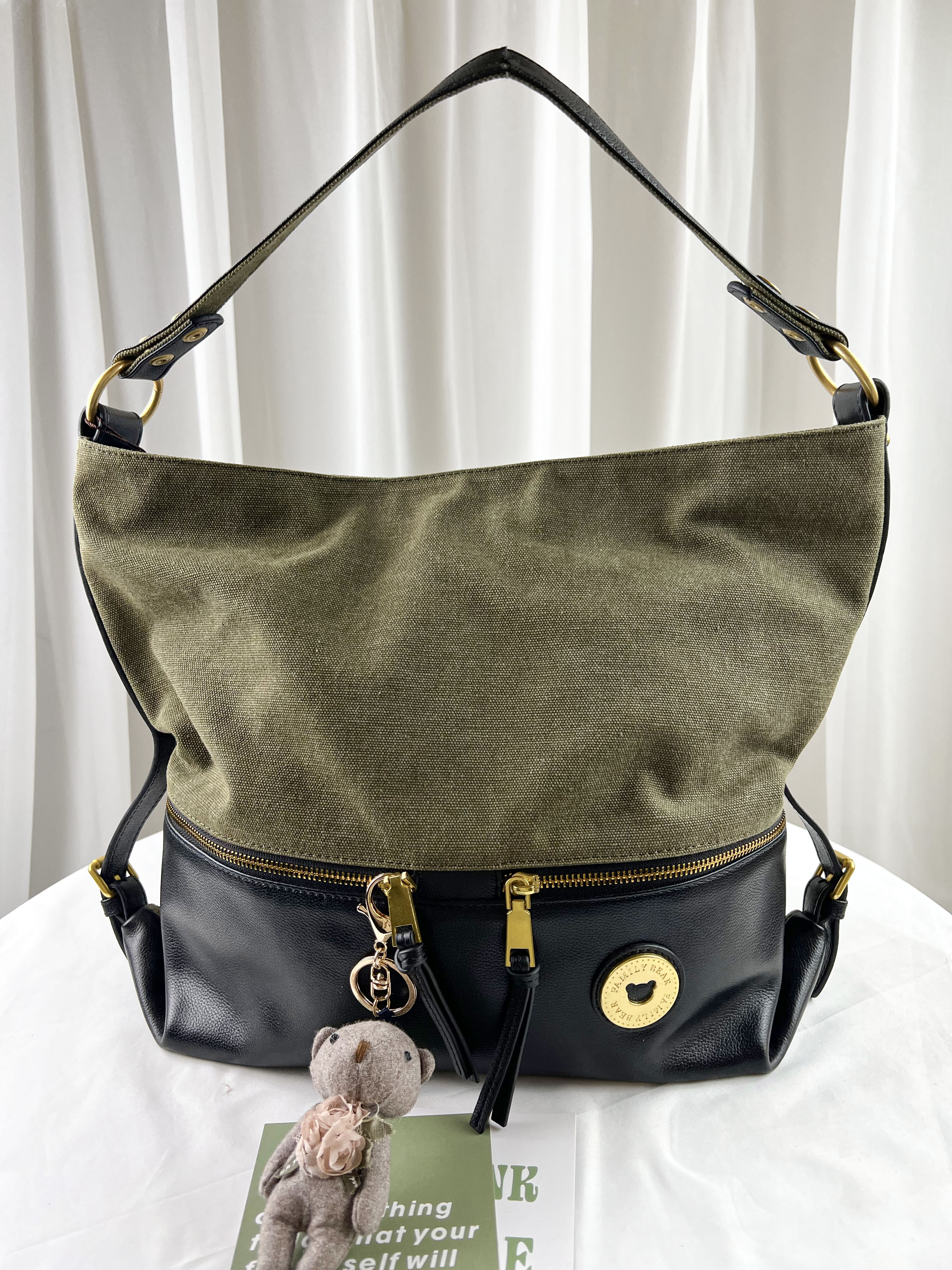 FamilyBear 軍綠帆布拼接真皮肩背包 / 側背包  #2289