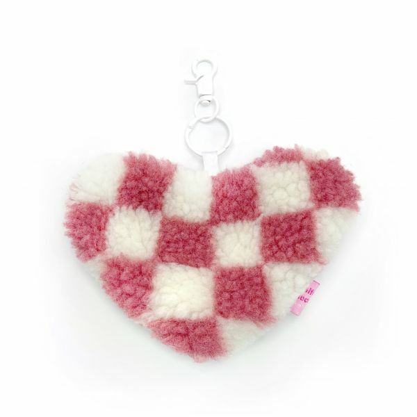 JCC 玫瑰粉棋盤羔羊毛愛心零錢包掛飾