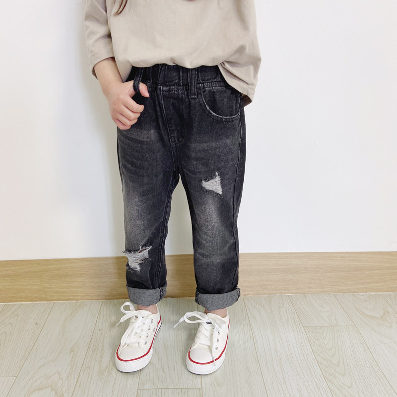 現貨 100cm 親子款 中性黑色刷破牛仔褲