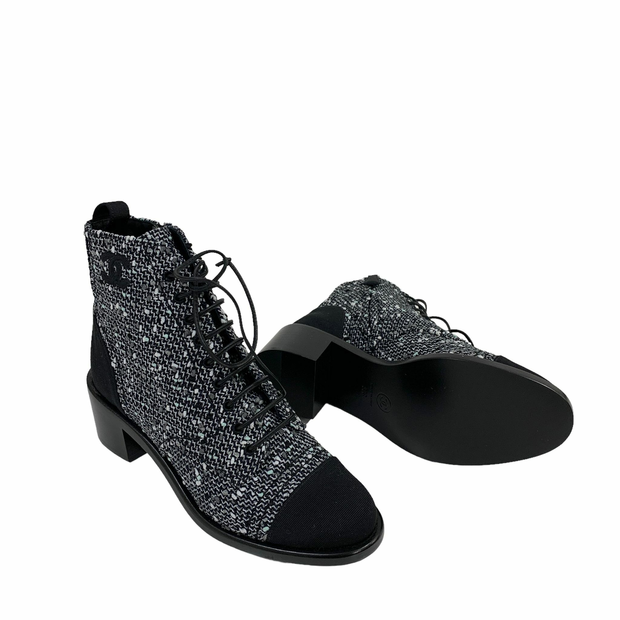 全新CHANEL短靴/BOOTS 36碼G34643 黑白色TWEED綁帶靴子#BRAND NEW