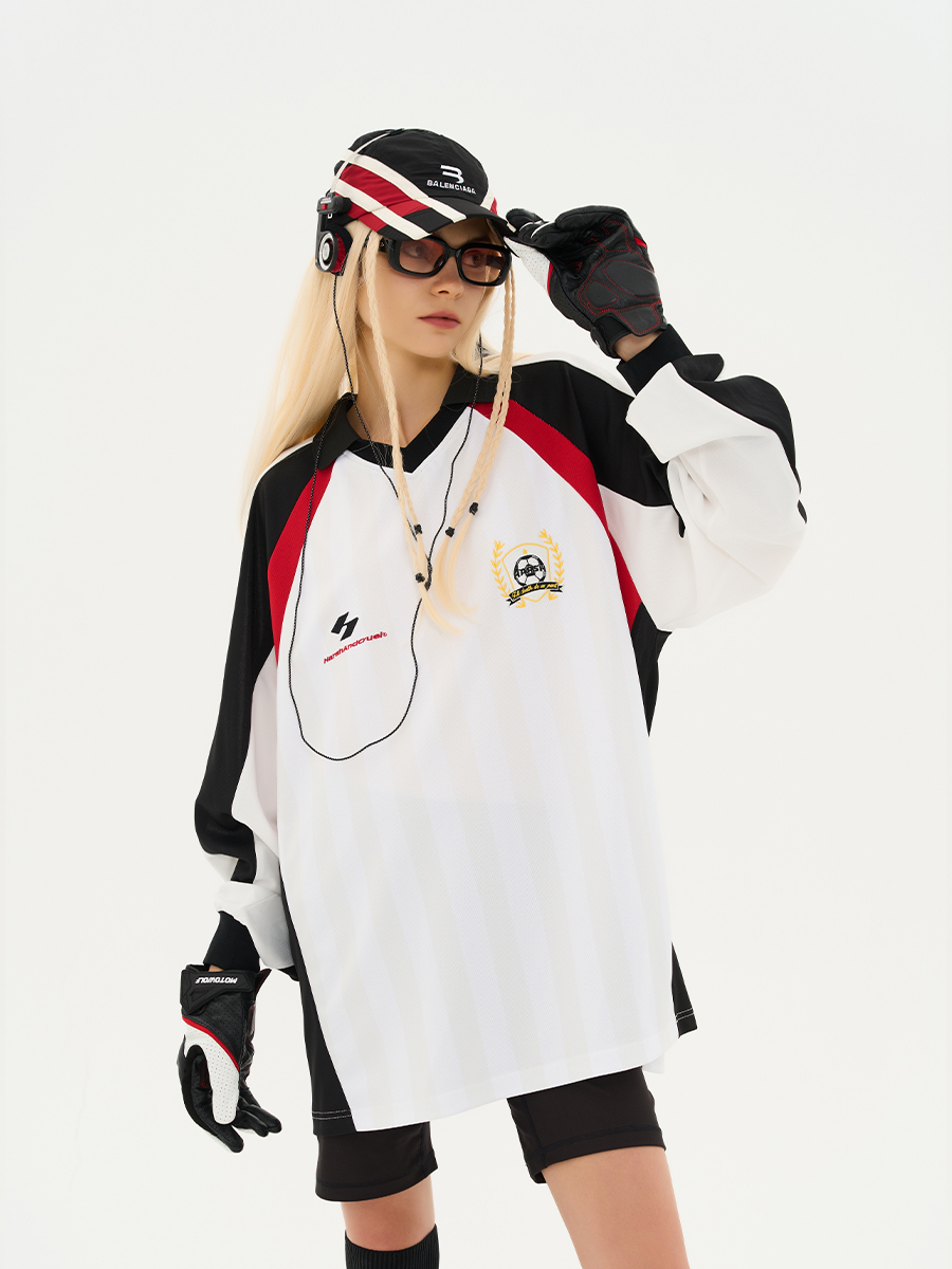 HARSH AND CRUEL 23SS 足球運動感解構拼接條紋球衣翻領長袖 HN231020030