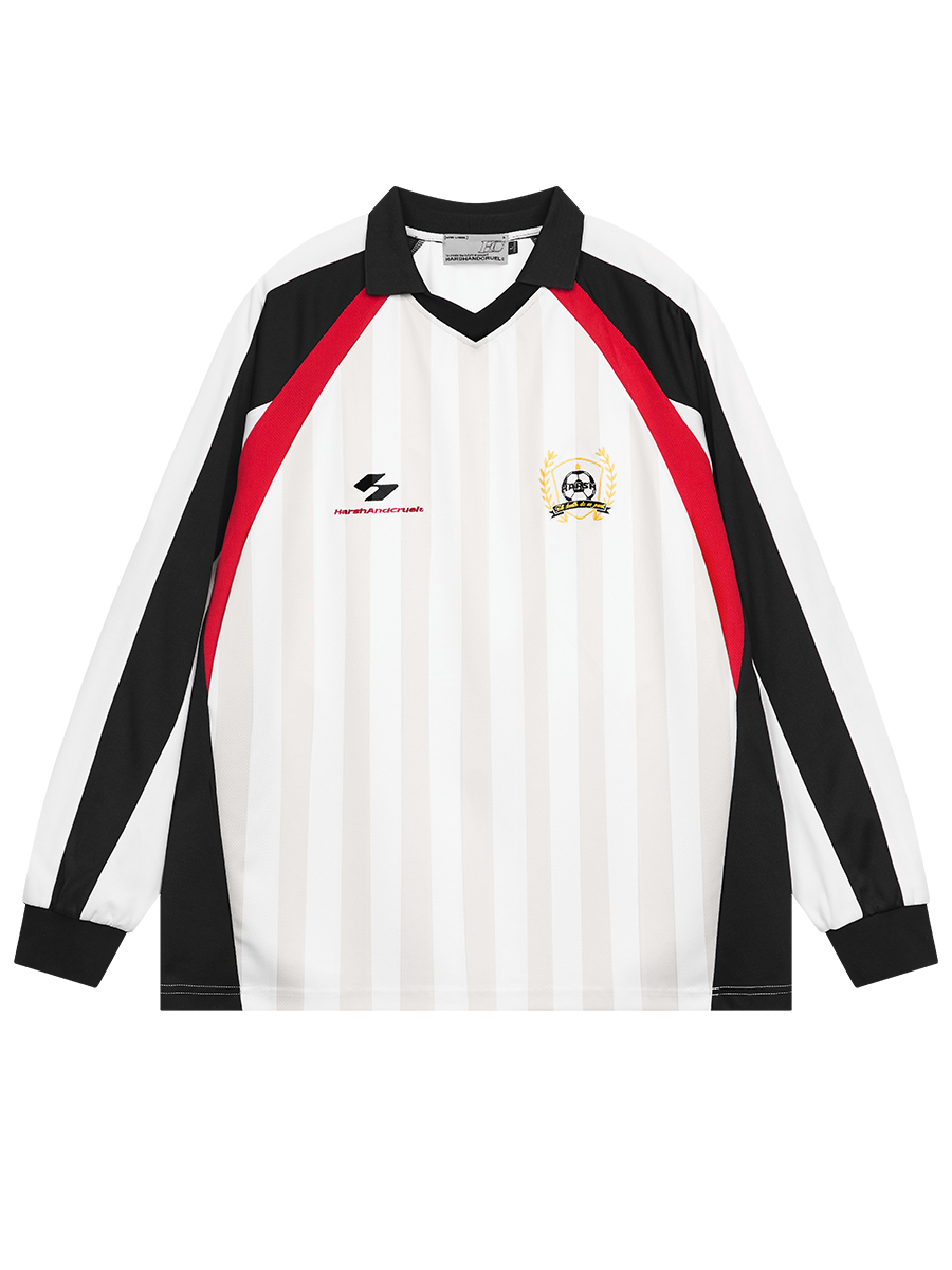 HARSH AND CRUEL 23SS 足球運動感解構拼接條紋球衣翻領長袖 HN231020030