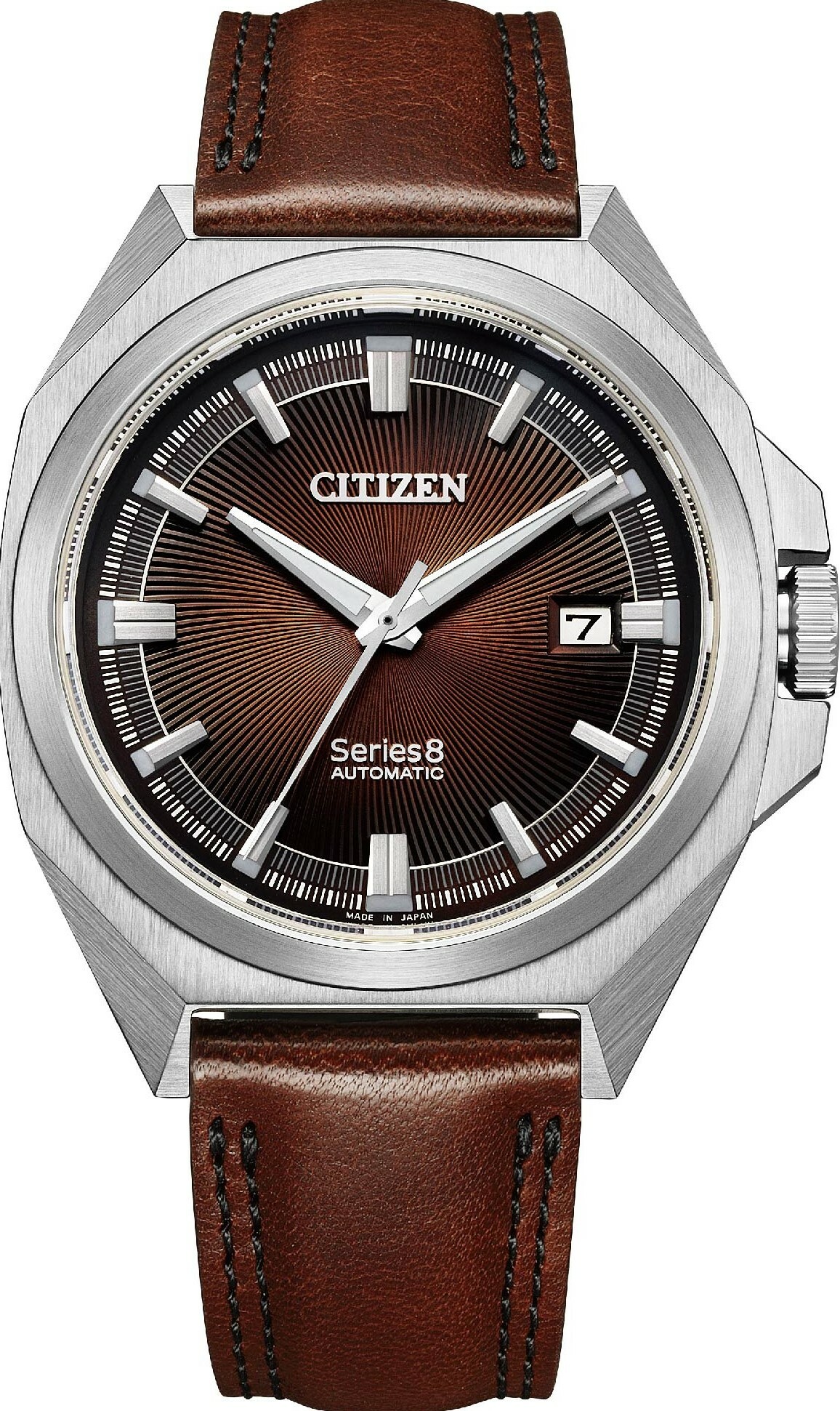 萬年鐘錶- Citizen series 8系列831款金磚咖啡面機械皮革男錶NB6011-11W