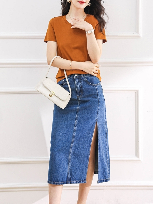 雙釦開衩牛仔長裙 藍色