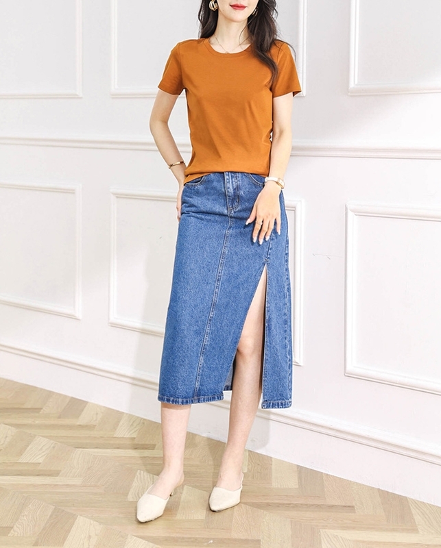 雙釦開衩牛仔長裙 藍色