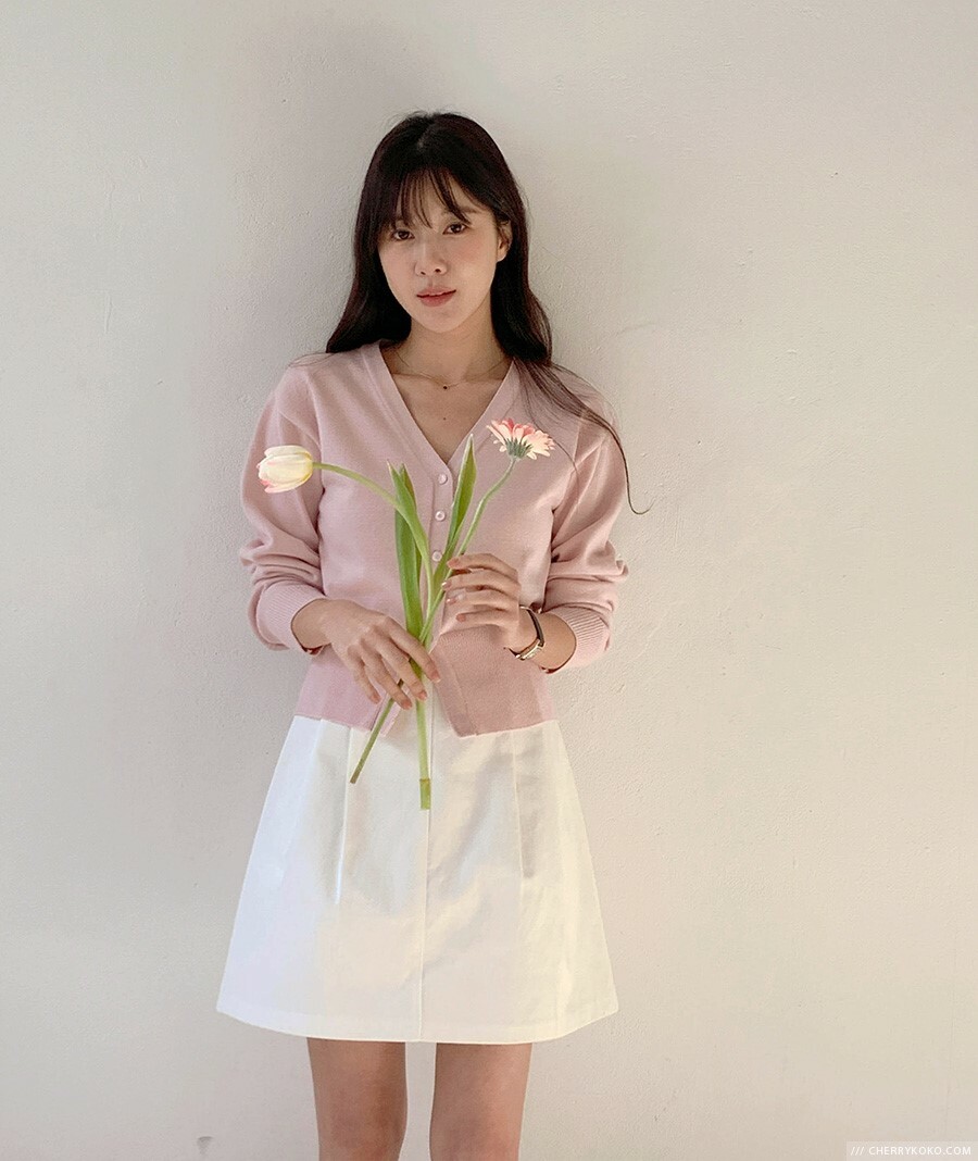 韓國Cherrykoko授權 淡雅休閒100%純棉壓褶短裙